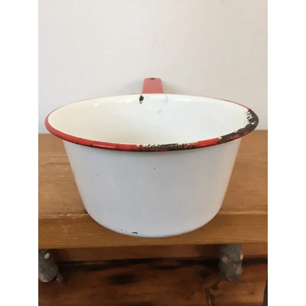 Vintage Antique White Red Metal Enamelware Primitive Small Sauce Pot Pan 7